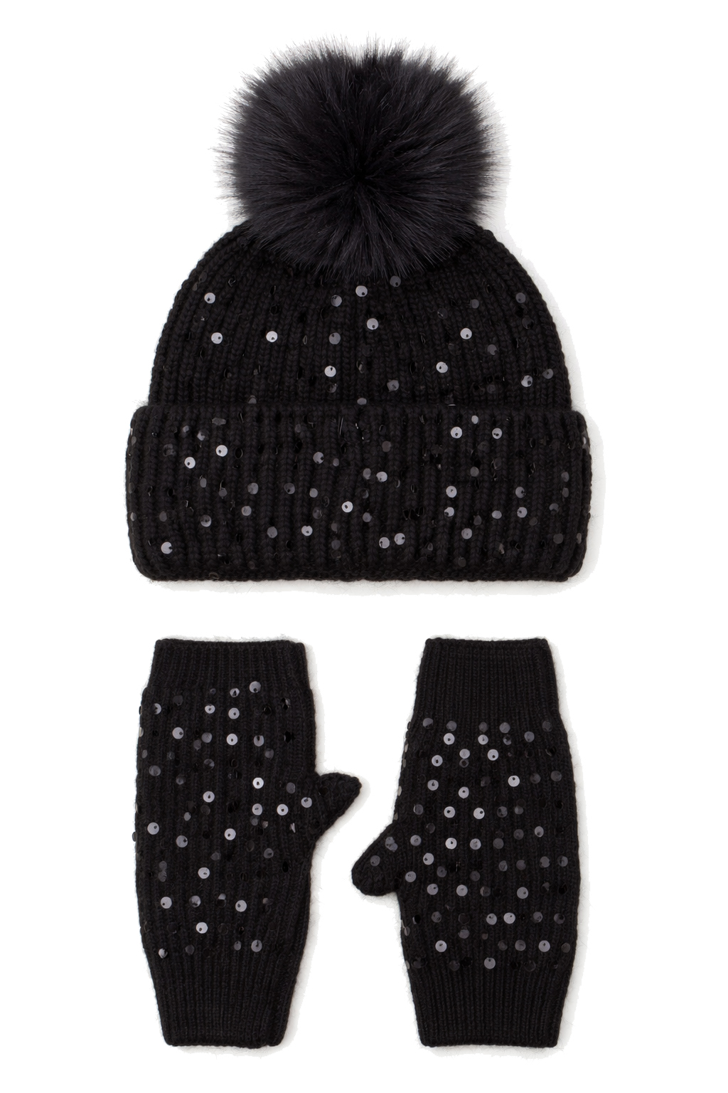 CAPPELLO + GUANTO + COLLO MAGLIA CON PAILLETTES, 35%ANGORA 65 %VI, MADE IN PRC   - BLACK